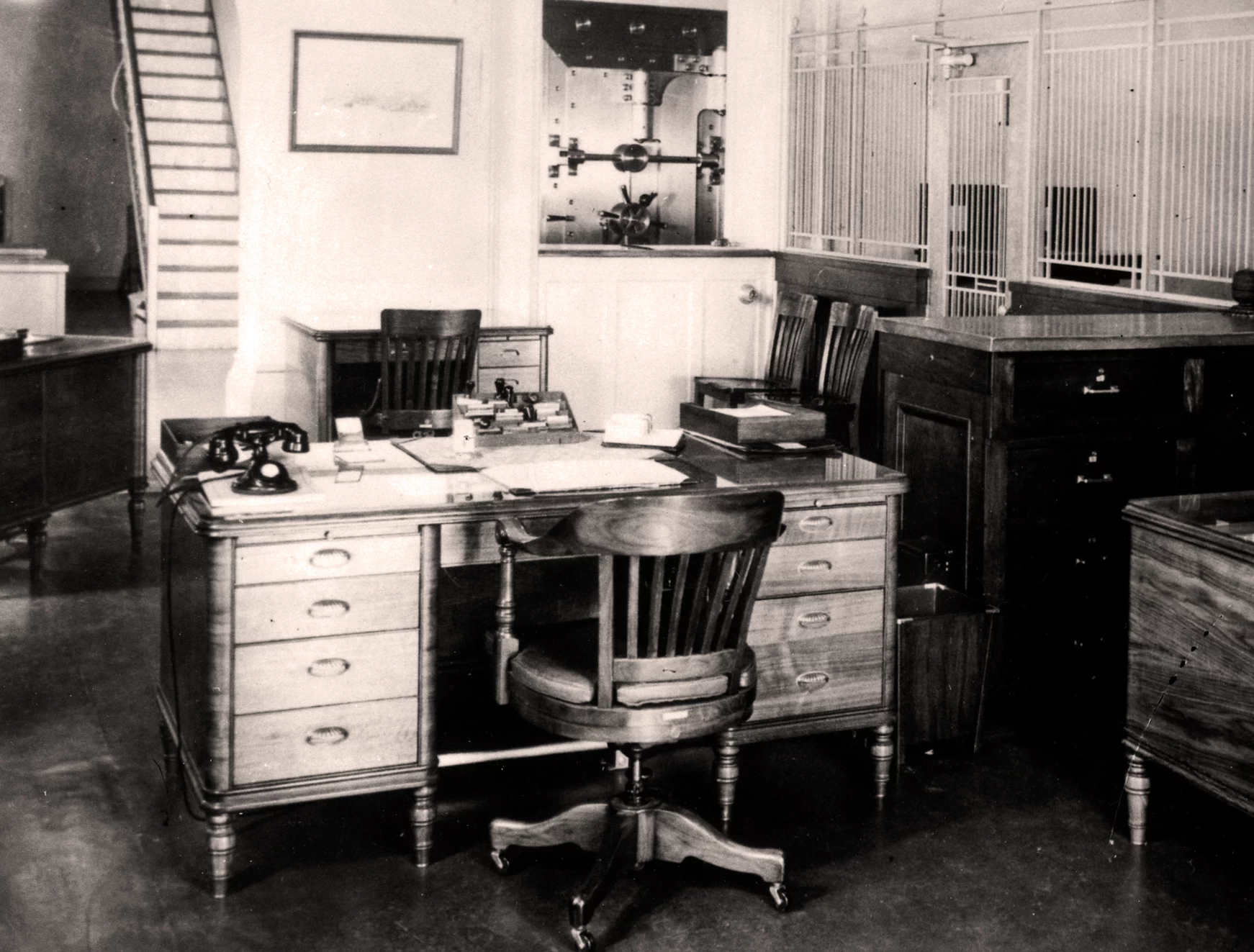 Vault officers’ desks in the Treasurer’s Office, circa 1929. Vault officers’ desks in the Treasurer’s Office, circa 1929.
