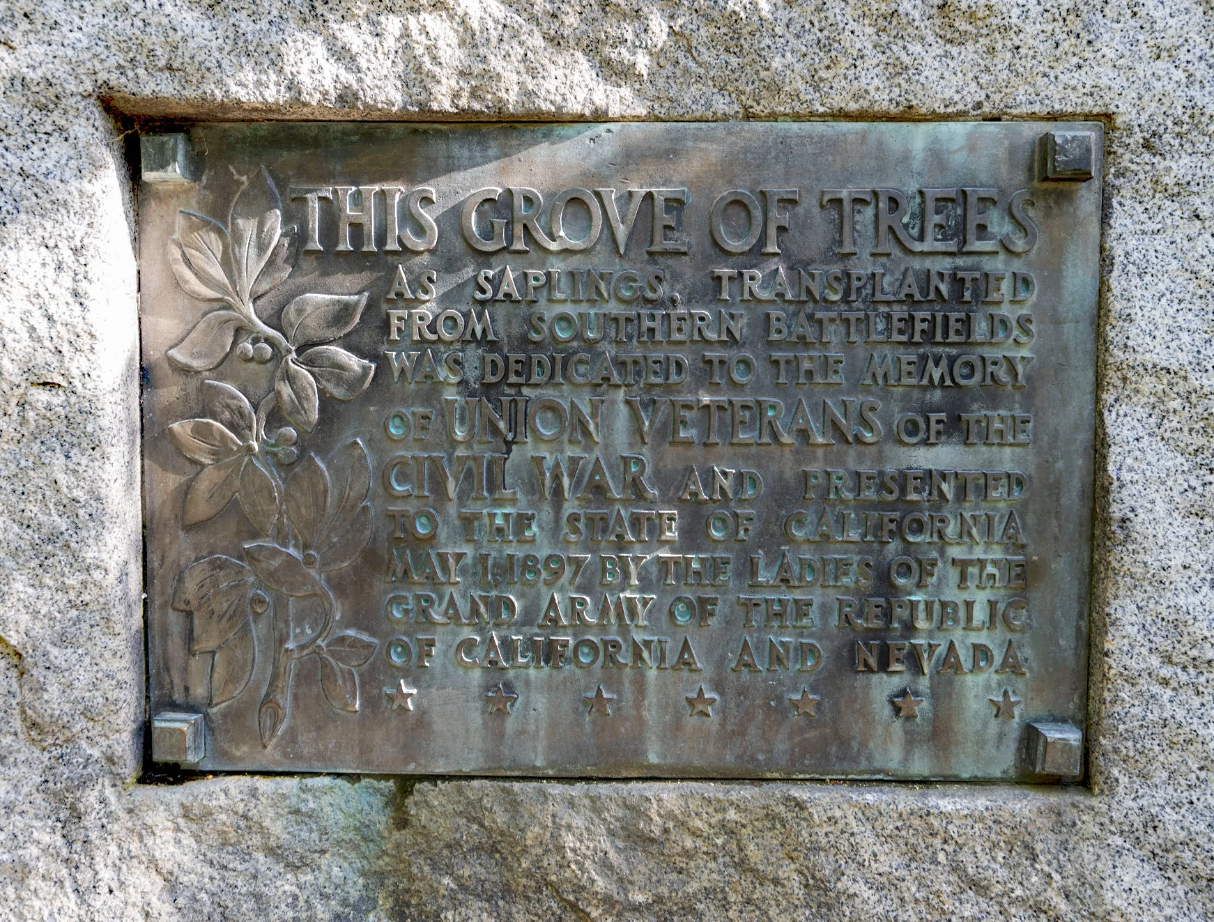 Close-up of Civil War Memorial Grove dedication plaque. Close-up of Civil War Memorial Grove dedication plaque.