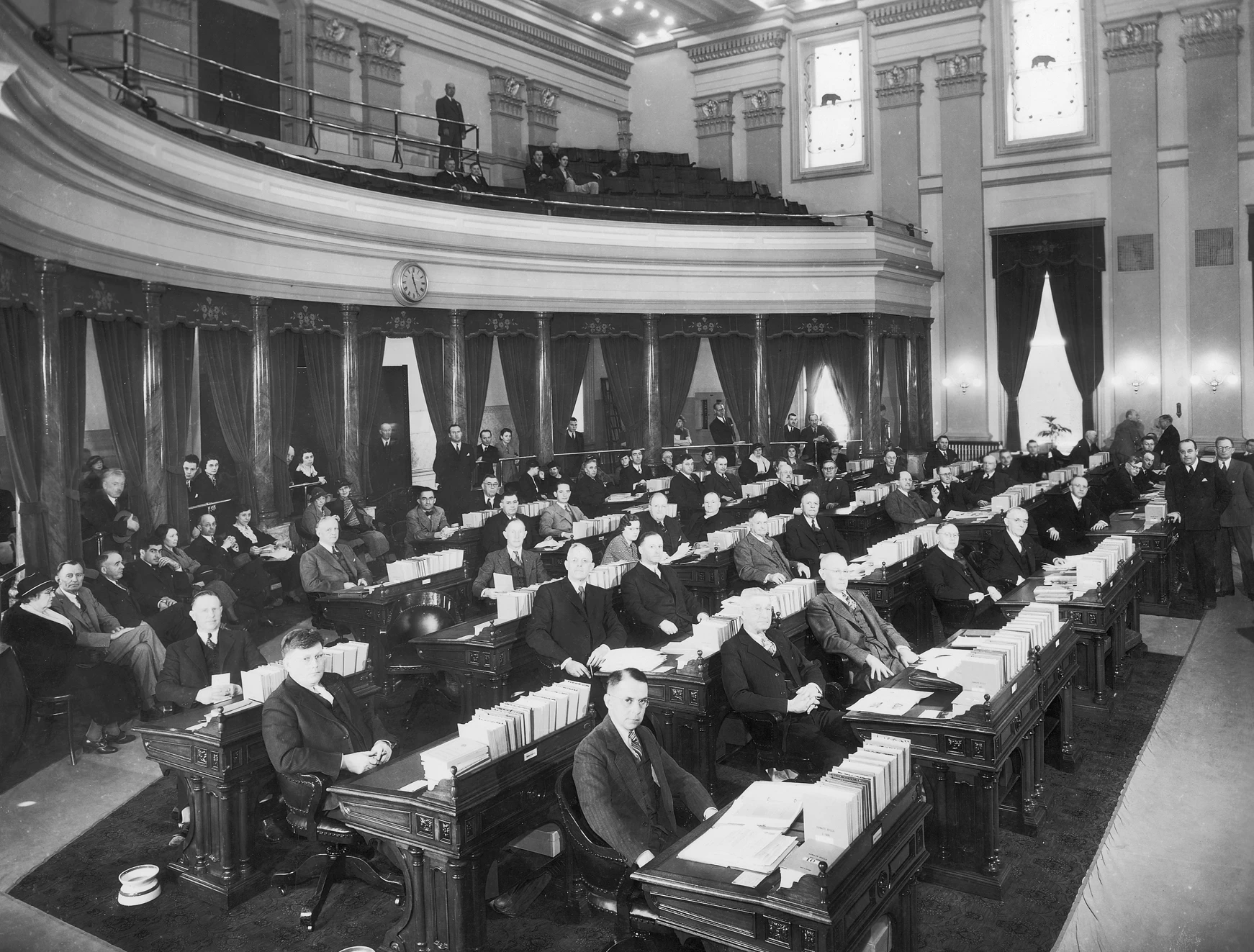 Historical image of the Senate Chamber with seated legislators. Historical image of the Senate Chamber with seated legislators.