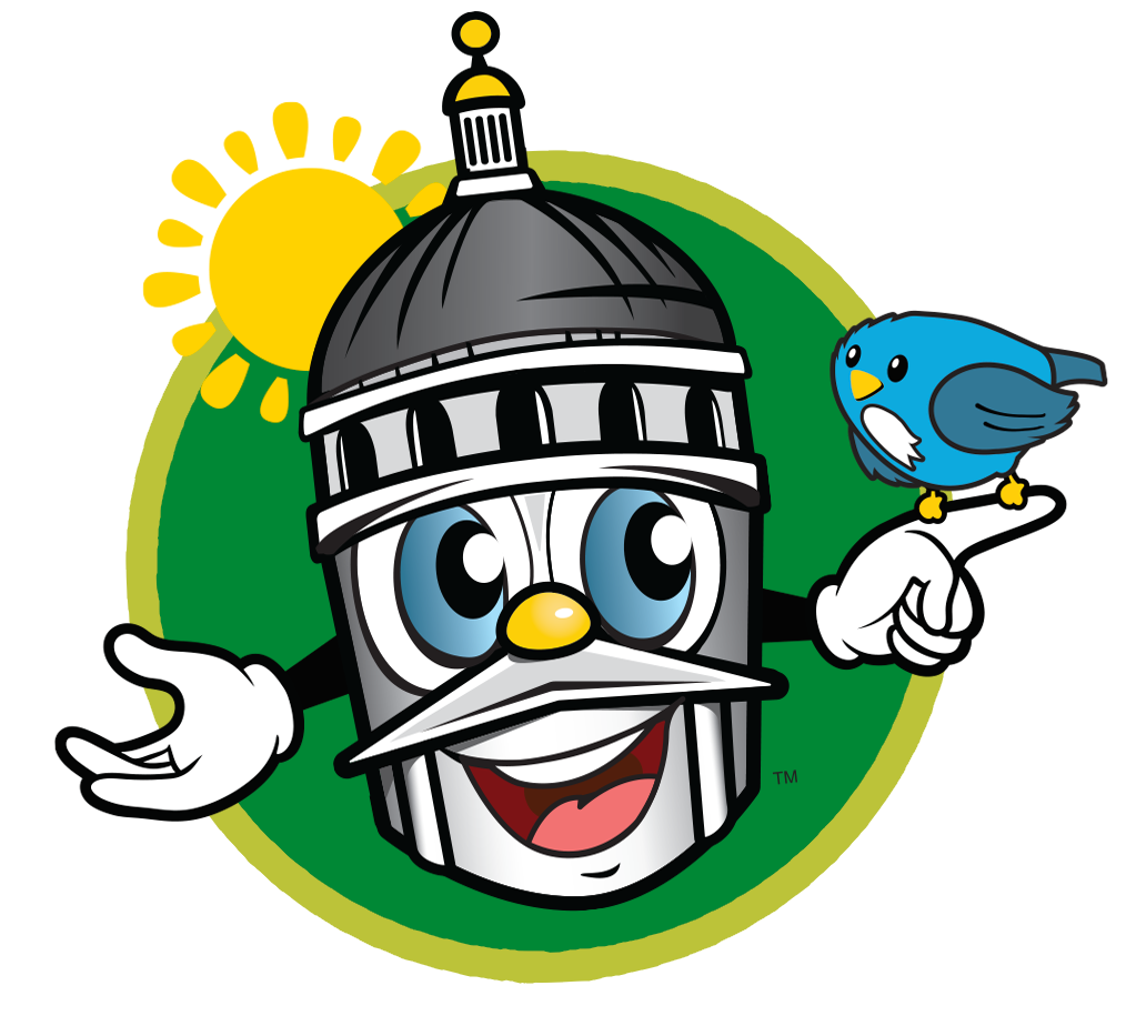 Cartoon image of Cappie holding a bird on his finger