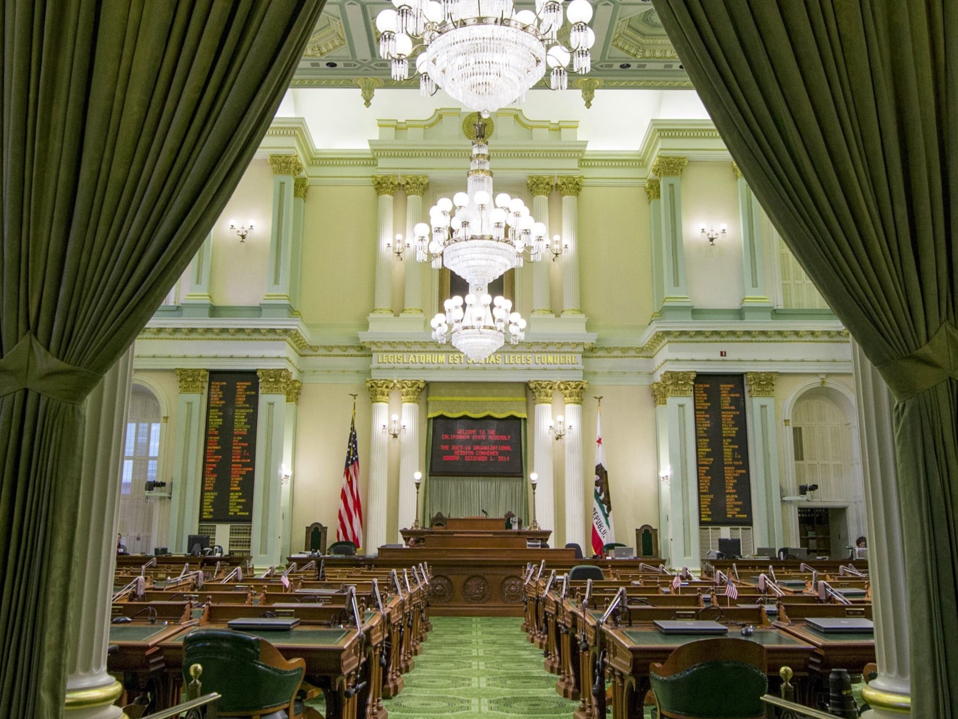 Interior view of the Assembly Chamber facing the Assembly’s raised platform, known as a dais. Interior view of the Assembly Chamber facing the Assembly’s raised platform, known as a dais.