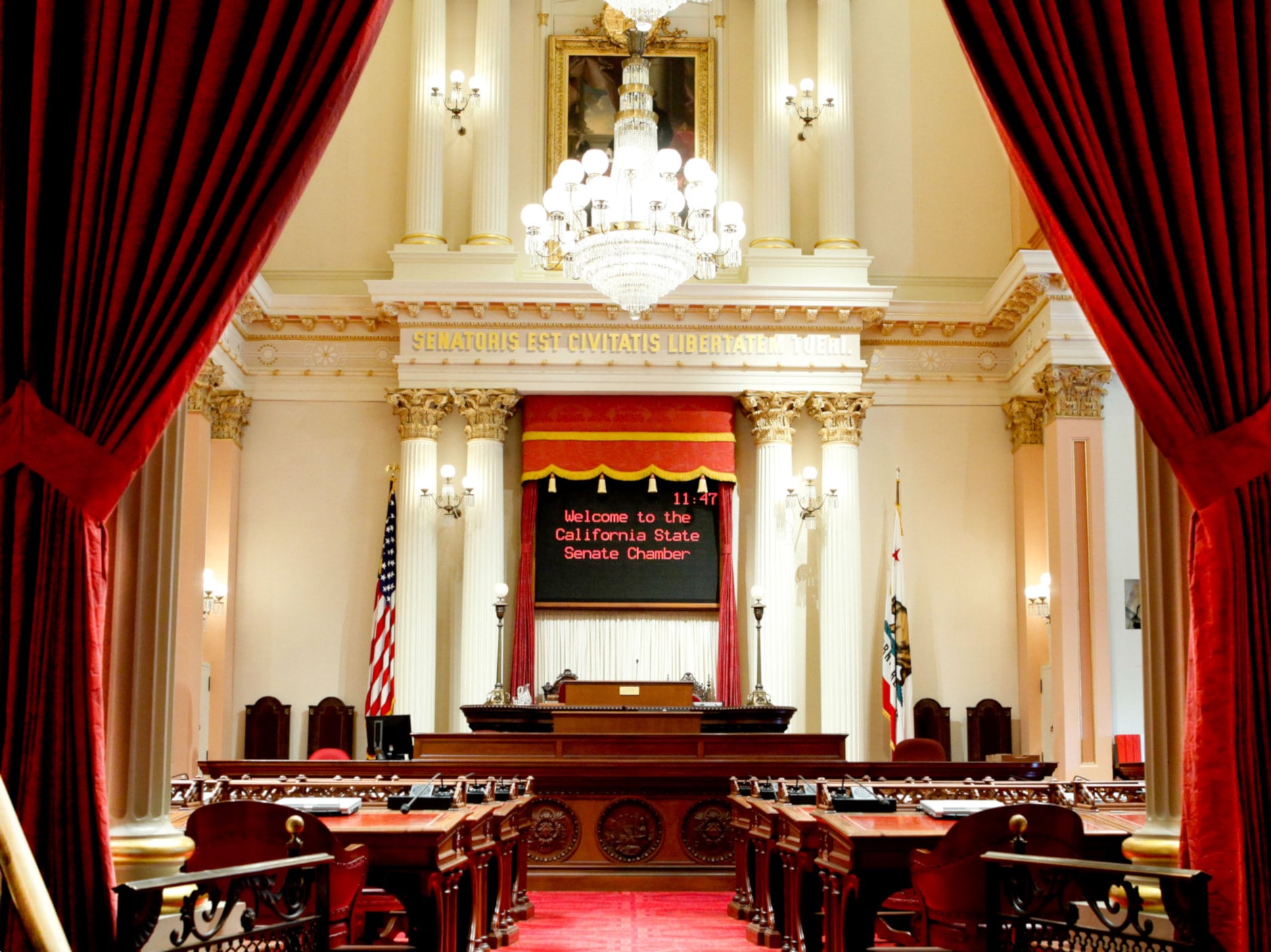Interior view of the Senate Chamber facing the Assembly’s raised platform, known as a dais. Interior view of the Senate Chamber facing the Assembly’s raised platform, known as a dais.