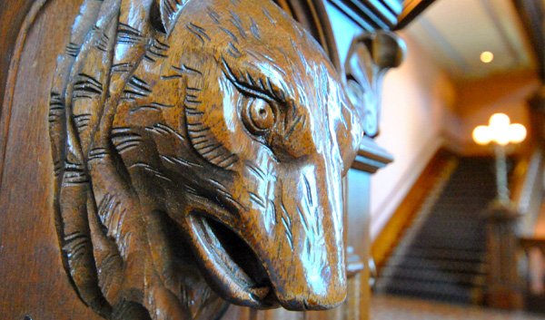 Image of staircase - bear carved in woodwork